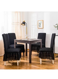 DUNISO 4-Piece Modern Style Seersucker Chair Cover With Lace Hem,Washable Dining Chair Protect Cover,Anti-Dust Removable Full Coverage Seat Slipcover,Black  - Image 1