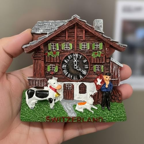Krisah Switzerland 3D Fridge Magnet, Travel Souvenir, Home Decoration, Chalet House with Clock, Cow and Farmer Figurines, 6.5 cm - Image 3