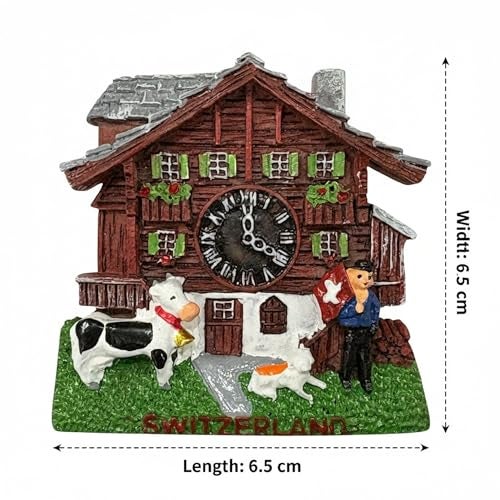 Krisah Switzerland 3D Fridge Magnet, Travel Souvenir, Home Decoration, Chalet House with Clock, Cow and Farmer Figurines, 6.5 cm - Image 2