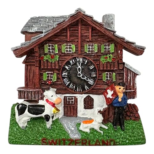 Krisah Switzerland 3D Fridge Magnet, Travel Souvenir, Home Decoration, Chalet House with Clock, Cow and Farmer Figurines, 6.5 cm - Image 1