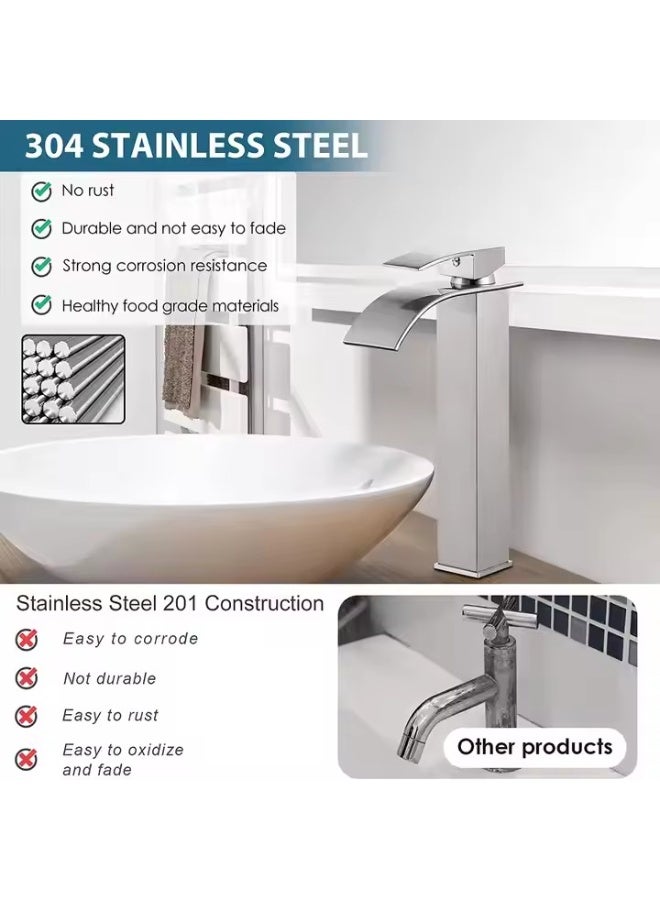 DUNISO Basin Mixer Taps, Tall Waterfall Bathroom Sink Taps, Tall Single Handle Bathroom Vessel Sink Faucet, Anti-Rust and Anti-Wear，Used for Bathroom Basins, Kitchens, Sinks，Silvery - Image 5