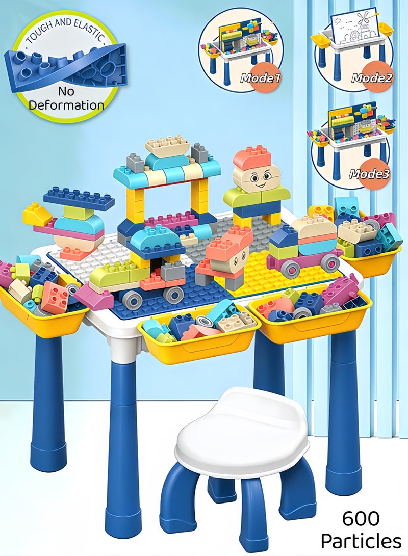 شو وو طاولة مكعبات بناء 6 في 1 مع كرسي، طاولة أنشطة متعددة الوظائف للأطفال مع 4 صناديق تخزين و600 مكعب، طاولة تعليمية للأطفال، ألعاب بناء للأطفال من عمر 3 سنوات فما فوق، 600 قطعة من مكعبات موراندي الملونة، ألعاب تعليمية للأولاد والبنات، طاولة مكعبات قابلة لتعديل الارتفاع مع كرسي - Image 1