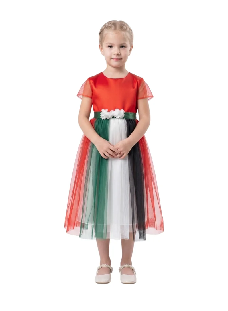 Bidani Little Patriot UAE Flag Multi-Color Tulle Gown with Flower Waistband
