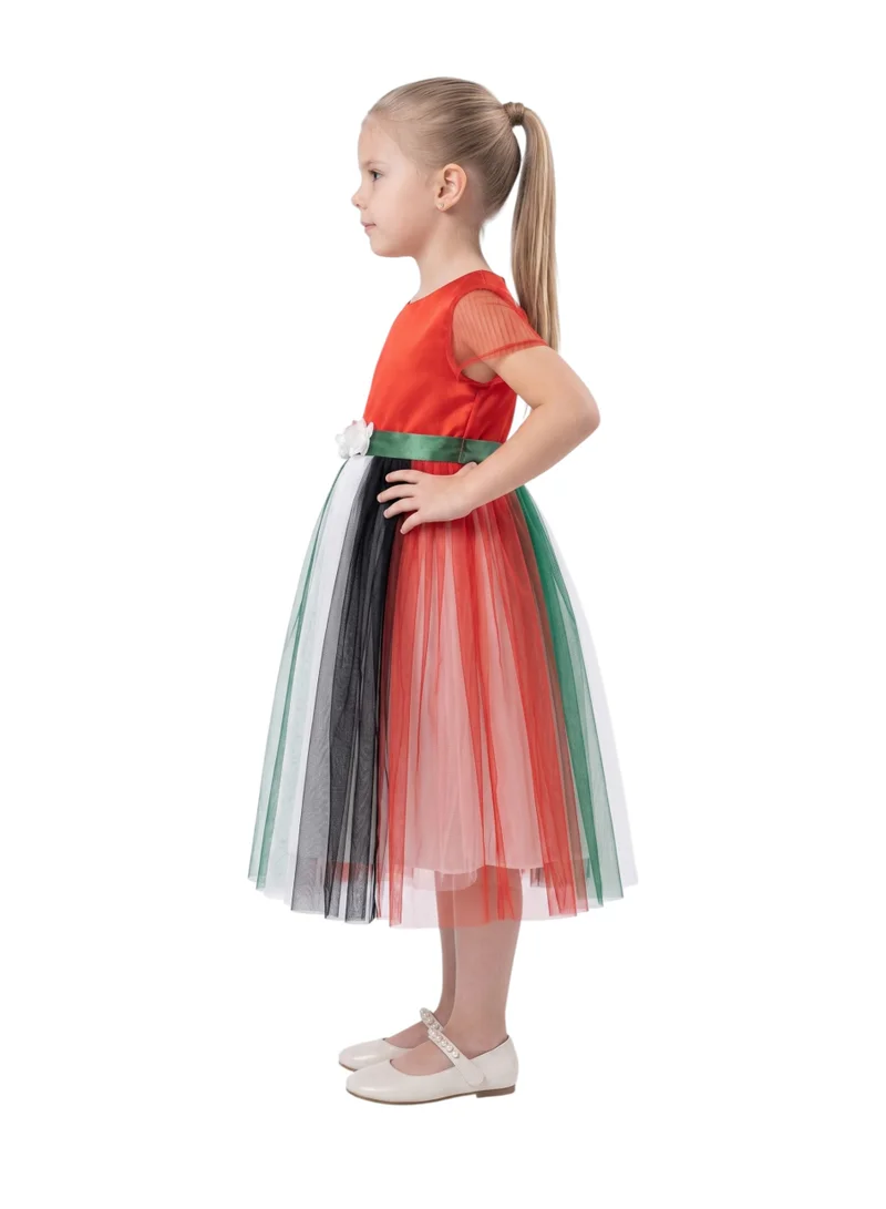 Bidani Little Patriot UAE Flag Multi-Color Tulle Gown with Flower Waistband