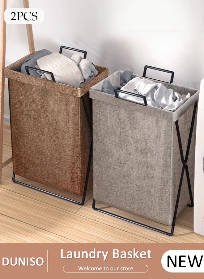DUNISO حزمة 2 سلة غسيل قابلة للطي مع إطار من الفولاذ المقاوم للصدأ ومقبض، حقيبة سلة غسيل حوض غسيل كيس تنظيم الملابس تخزين سلة غسيل للألعاب والملابس - Image 1