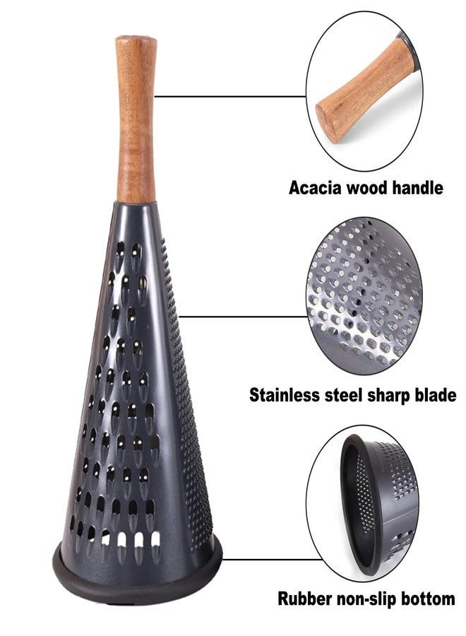 ROQILA Cone Cheese Grater with Handle Stainless Steel Grater Triple Function Wood Handle Shredder Non-Slip Rubber Bottom Hand Held Multifunction Vegetables Grater Black 4-Size (Size XL:11.8" X 5.1" Black) - Image 2