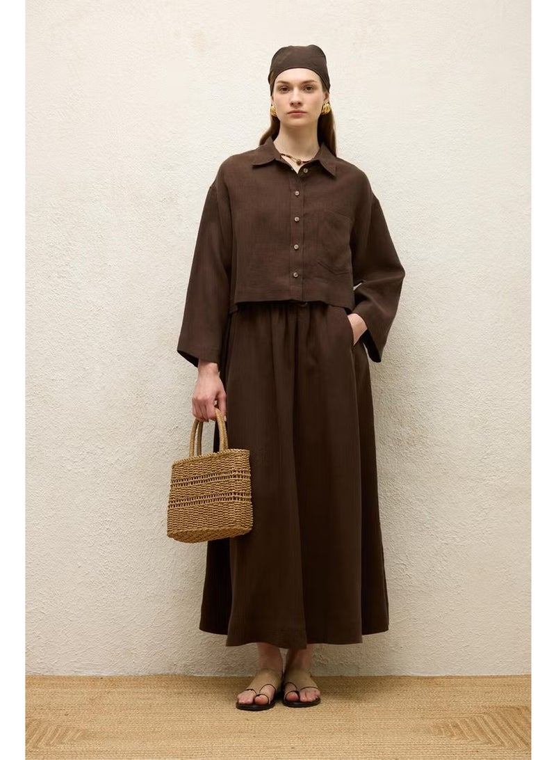 Manuka Linen Long Sleeve Crop Shirt Bitter Coffee - Image 1