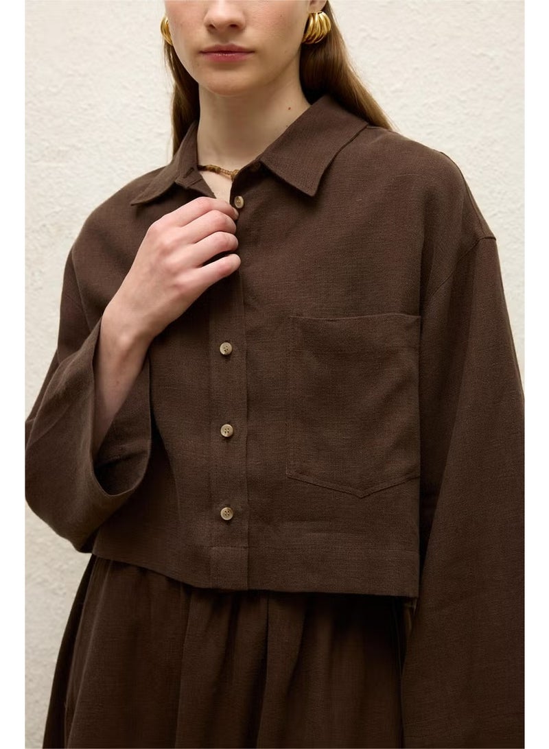Manuka Linen Long Sleeve Crop Shirt Bitter Coffee - Image 2