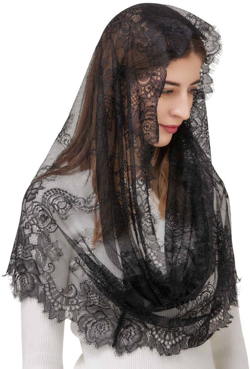 PAMOR Spanish Style Lace Traditional Vintage Inspired Infinity Shape Mantilla Veil Latin Mass Head Covering (Black) - Image 1