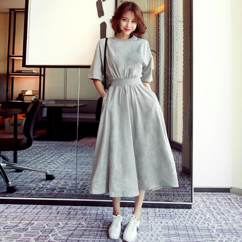 Southeast Asia cross-border new cotton short sleeve dress womens clothing 2024 European station summer large swing solid color A dress Gray