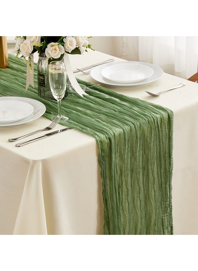 Beauenty Crumpled Gauze Table Runner,Sage Green Cheesecloth Table Runner - 13.3Ft Boho Gauze Cheese Cloth Table Runner 35x160 Inch Long Romantic Sheer TableRunner for Wedding Bridal Baby Shower Birthday Party Tables Decoration - Image 1