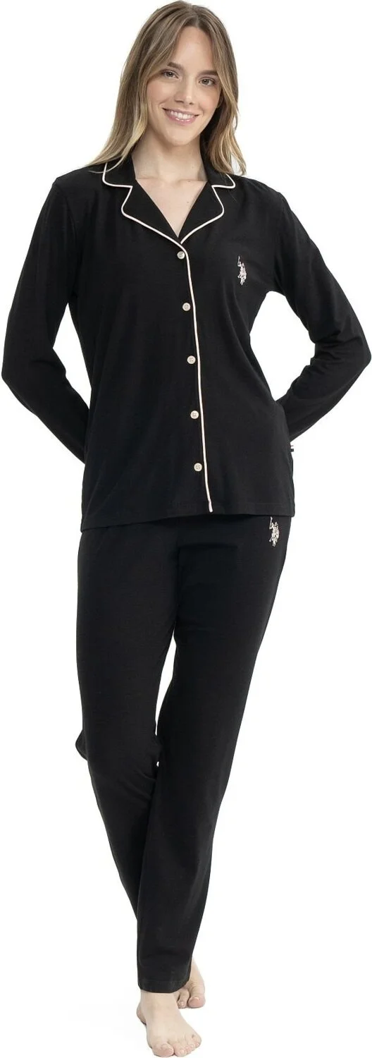 U.S. Polo Assn. BASE. Polo Assn. 11000 Women's Long Sleeve Button-Front Shirt Pajama Set-Black