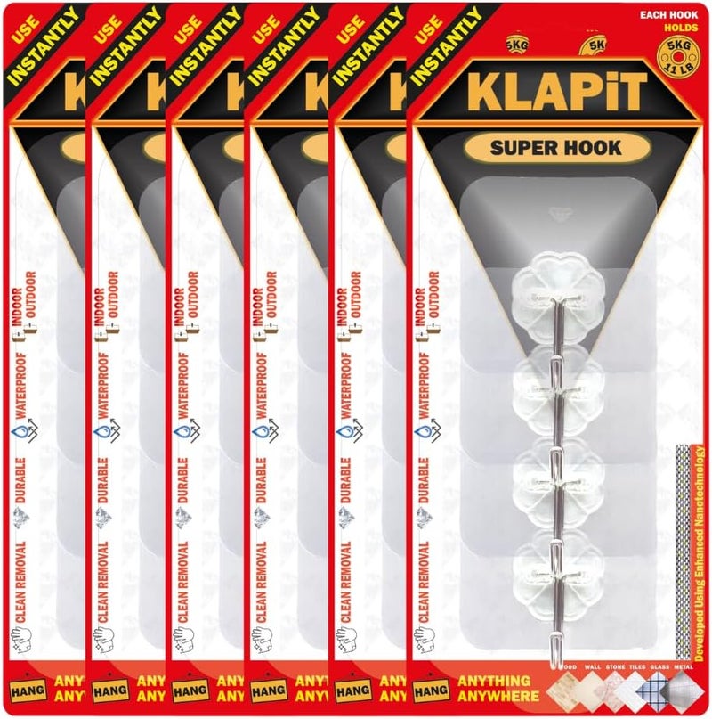KLAPiT Super Hook Heavy Duty Adhesive, Holds 11 Pounds or 5Kg Weight, Waterproof and Damage Free for Wall, Tile, Wood, Stone, Glass, Metal, Made of Steel (24 pc, Clear) - Image 1
