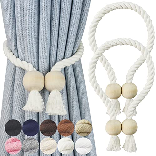 Nieffeiy 2 Pack Magnetic Curtain Tiebacks Cotton Hand Woven Tie Back Decorative Rope Holdbacks for Curtains Draperies No Tools Required Cream