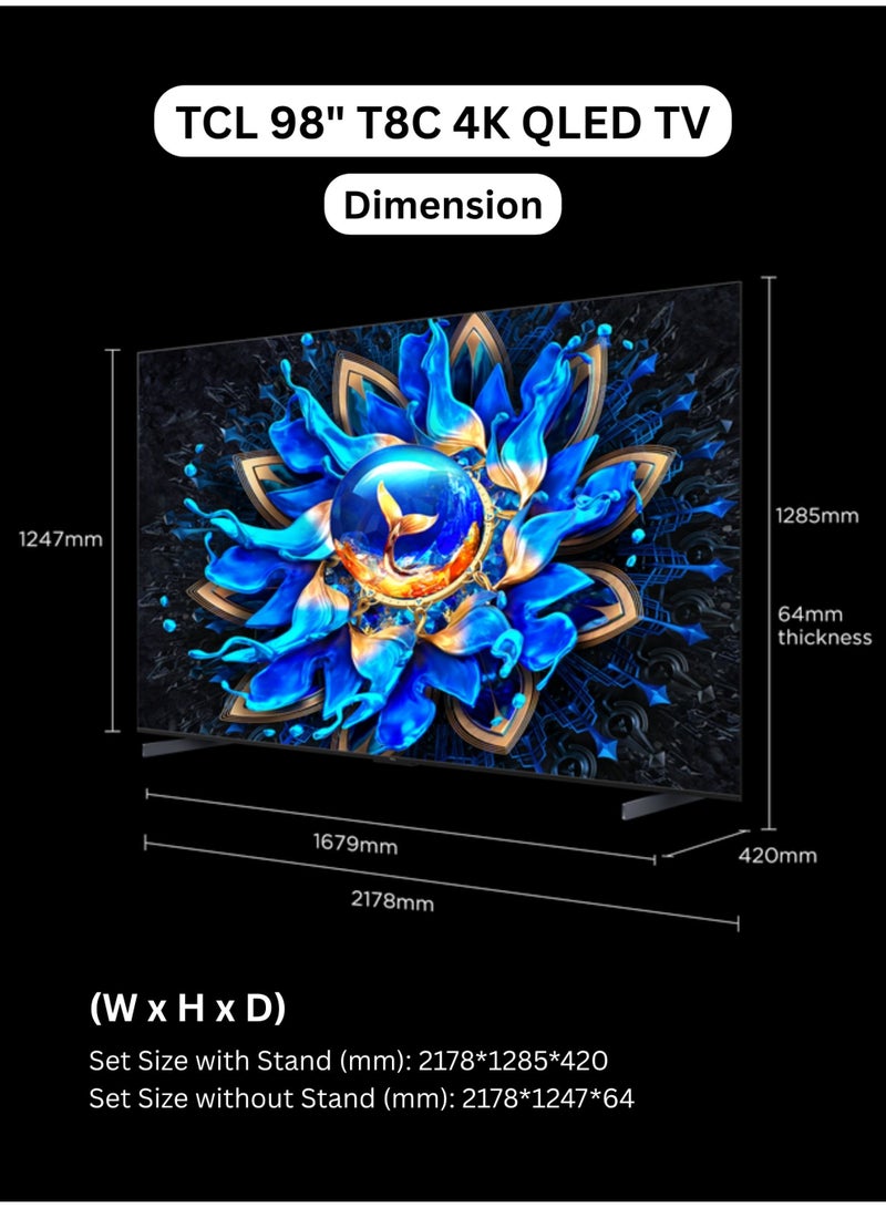 TCL 98-inch T8C Premium QLED 4K Smart TV (2026 - UAE Version) TCL 98" 98T8C Google TV With AiPQ Pro Processor, 144Hz Native Refresh Rate, ONKYO 2.1 Hi-Fi System, DTS Virtual X, HVA Panel, Game Master 98T8C Black - Image 2