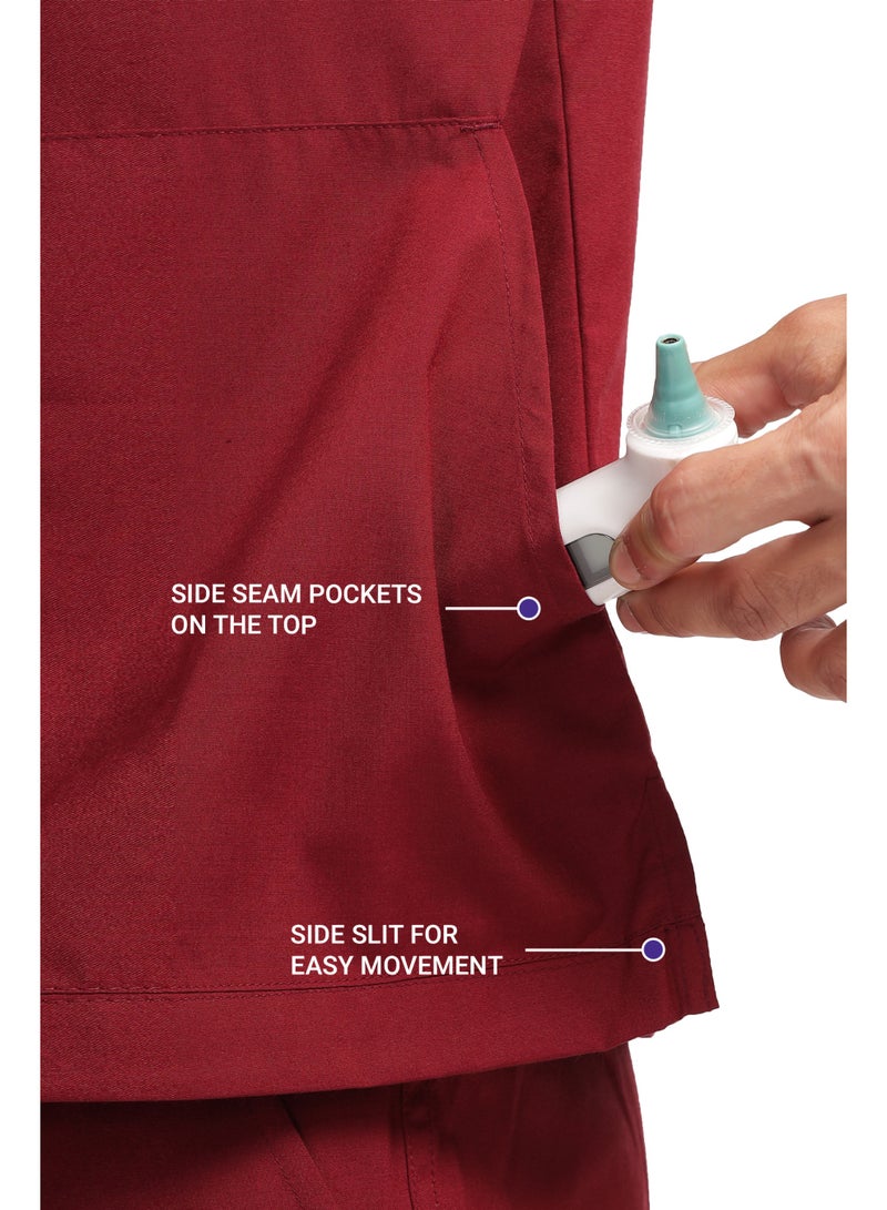 KNYA بدلة كنيا للرجال بفتحة على شكل V | 5 جيوب طبية علوية وسفلية، أكمام نصفية، زي للأطباء والممرضين وأطباء الأسنان | XXL، ماروني - Image 3