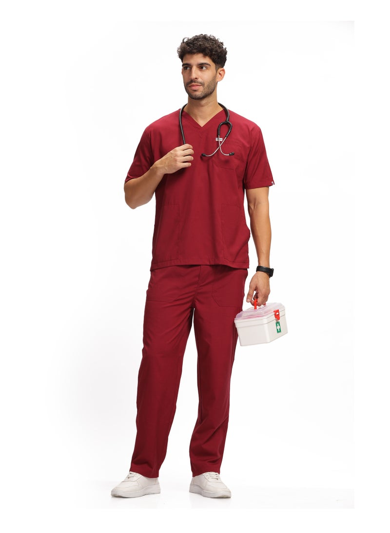KNYA بدلة كنيا للرجال بفتحة على شكل V | 5 جيوب طبية علوية وسفلية، أكمام نصفية، زي للأطباء والممرضين وأطباء الأسنان | XXL، ماروني - Image 1