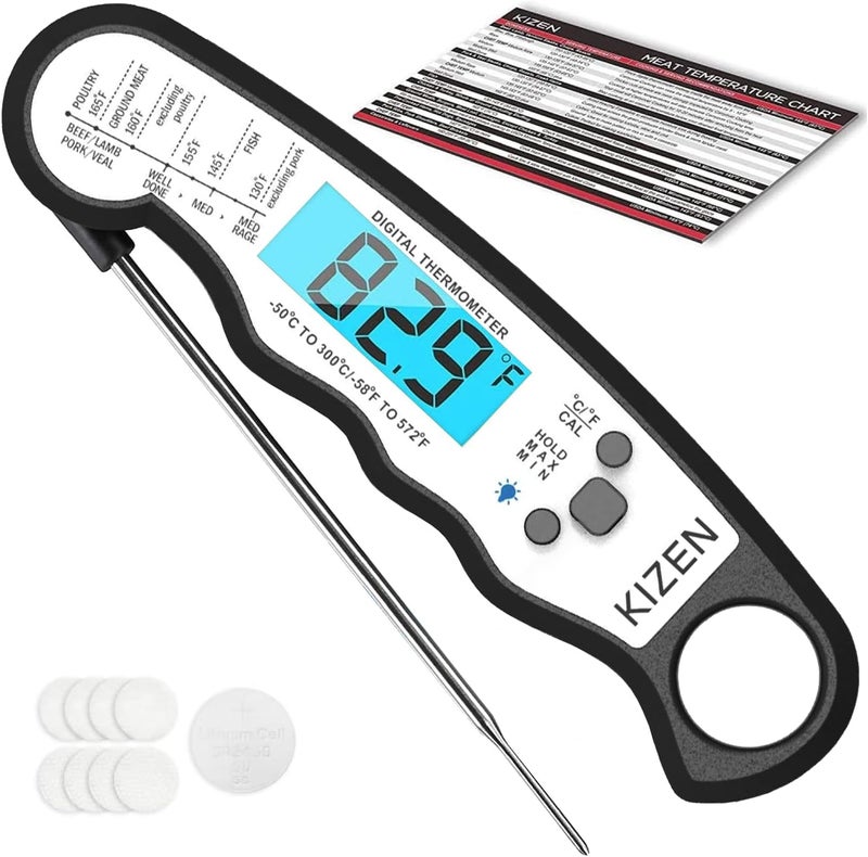 Kizen Instant Read Meat Thermometer Digital - Food Thermometer for Cooking, Grill, Oven, BBQ - IP67 Rated Waterproof - Large Backlit Display and Magnetic Back - Image 1