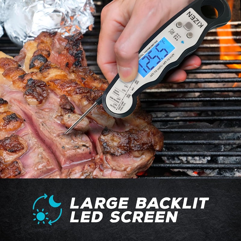 Kizen Instant Read Meat Thermometer Digital - Food Thermometer for Cooking, Grill, Oven, BBQ - IP67 Rated Waterproof - Large Backlit Display and Magnetic Back - Image 2
