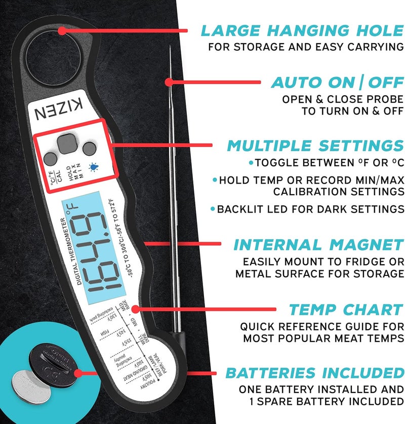 Kizen Instant Read Meat Thermometer Digital - Food Thermometer for Cooking, Grill, Oven, BBQ - IP67 Rated Waterproof - Large Backlit Display and Magnetic Back - Image 4