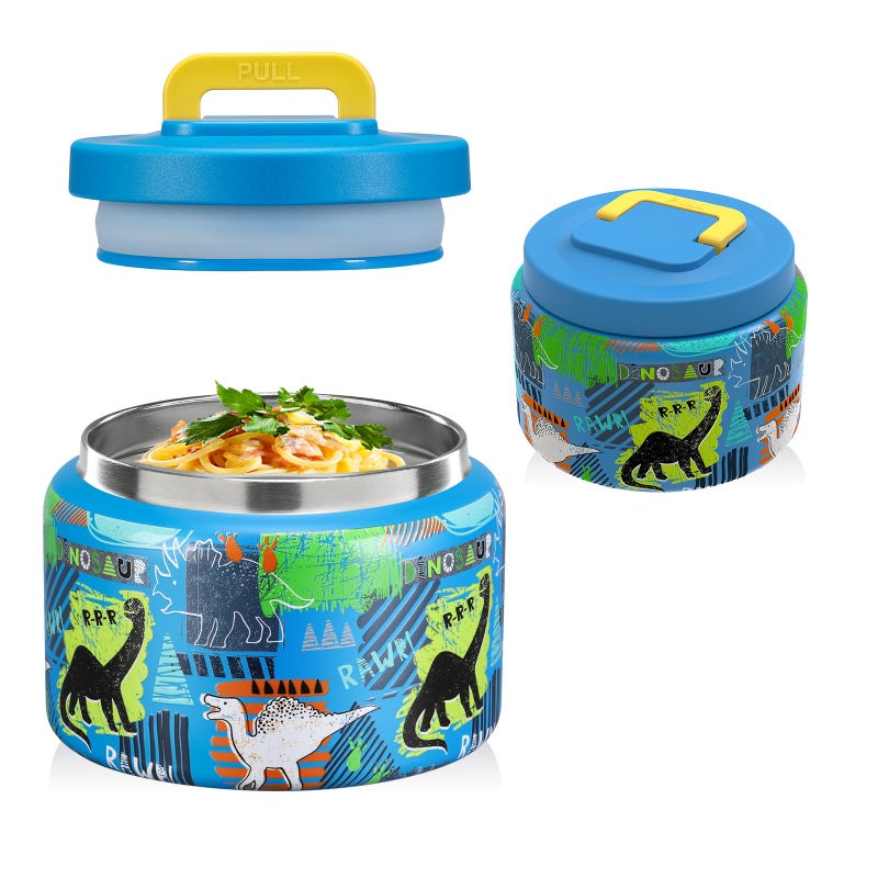 JXXM 8 Oz Thermo Food Jar for Hot & Cold Food for Kids, Insulated Lunch Containers Hot Food Jar,Leak-Proof Vacuum Stainless Steel Wide Mouth Lunch Soup Thermo for School (BLUE-Dinosaur) - Image 1