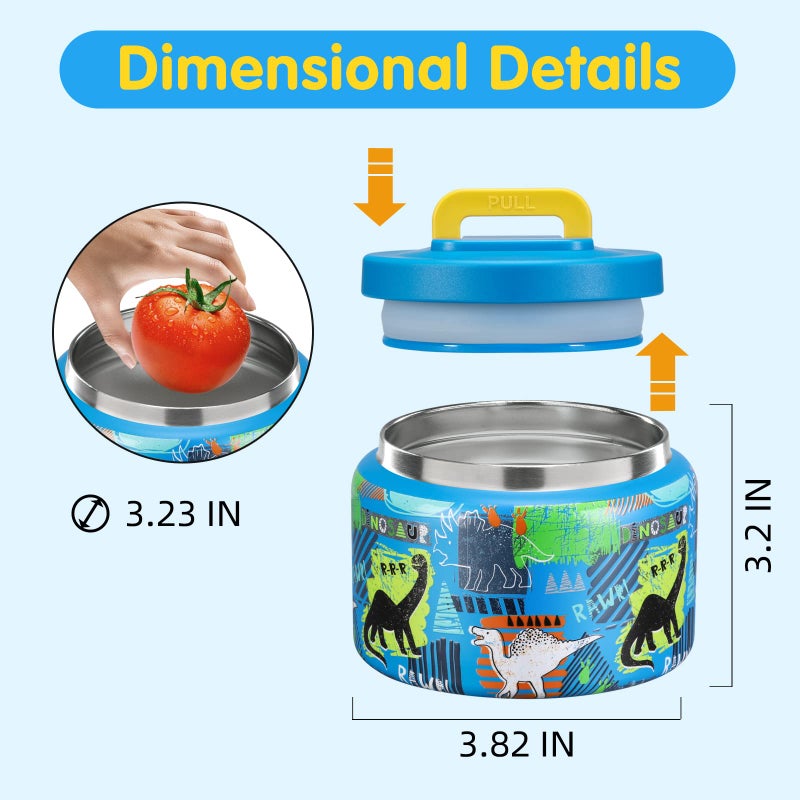 JXXM 8 Oz Thermo Food Jar for Hot & Cold Food for Kids, Insulated Lunch Containers Hot Food Jar,Leak-Proof Vacuum Stainless Steel Wide Mouth Lunch Soup Thermo for School (BLUE-Dinosaur) - Image 2