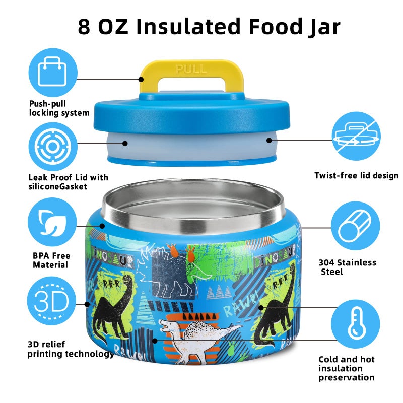 JXXM 8 Oz Thermo Food Jar for Hot & Cold Food for Kids, Insulated Lunch Containers Hot Food Jar,Leak-Proof Vacuum Stainless Steel Wide Mouth Lunch Soup Thermo for School (BLUE-Dinosaur) - Image 5