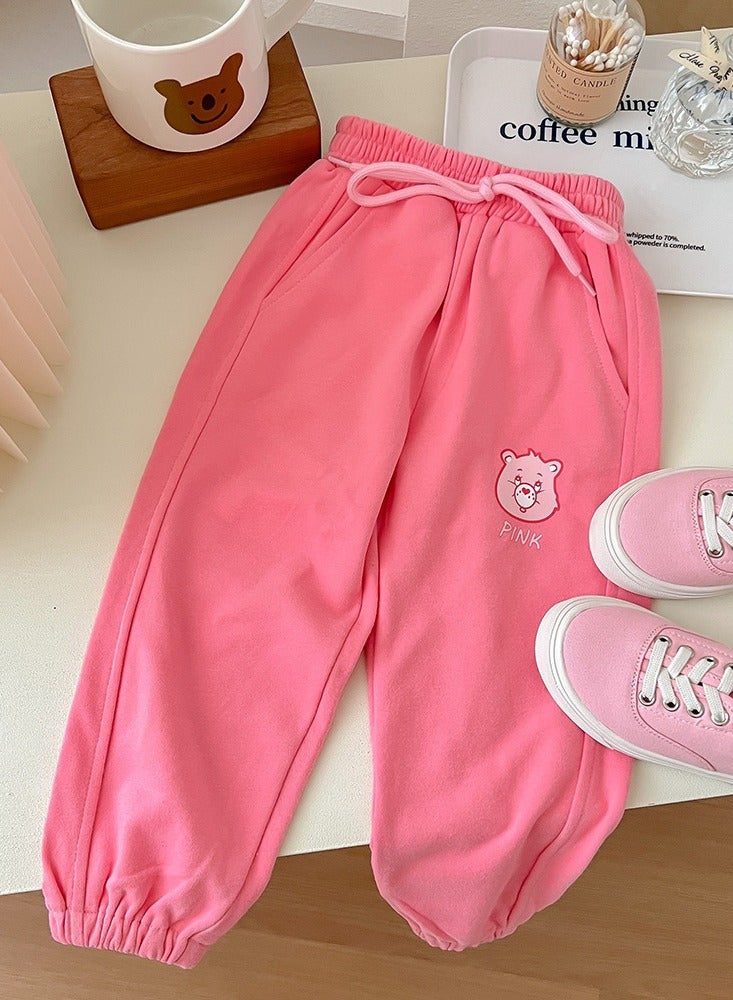 Loquat Girls Bear Pattern Print Sweatpants Elastic Waist Sport Pants Athletic Jogger Pants Rose Pink 