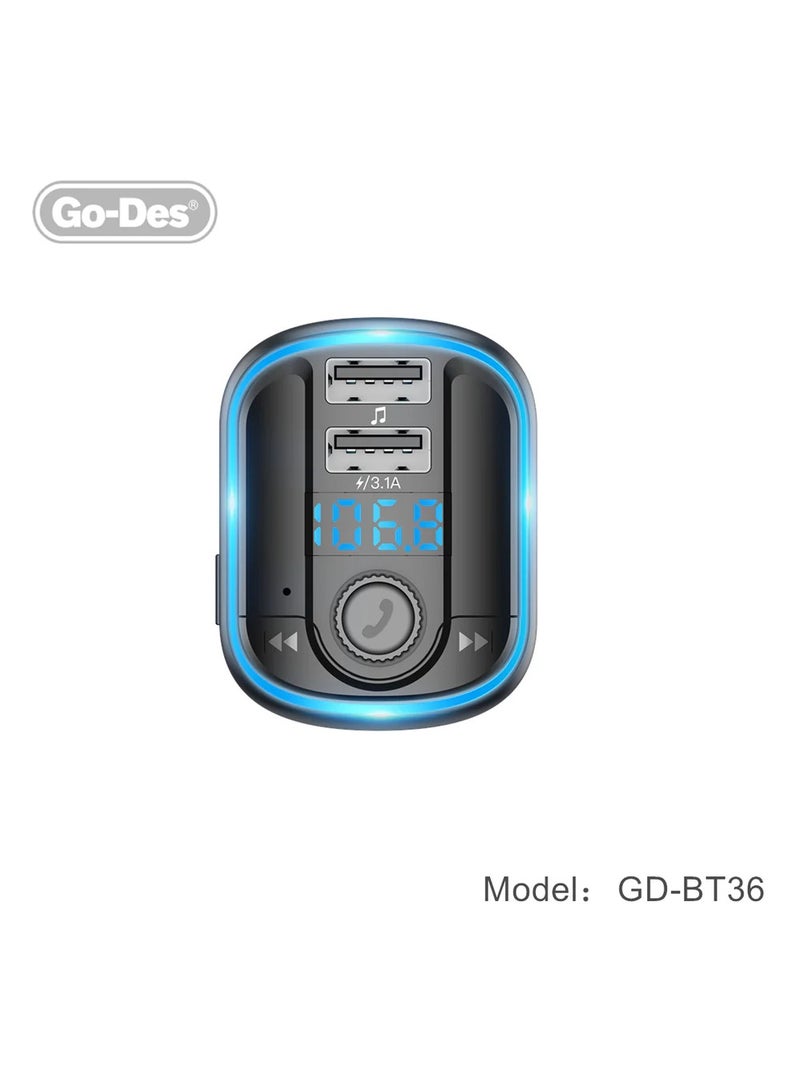 GO-DES BT-36 Fm Transmitter Bluetooth Wireless Hands-free Radio Mp3 Car Player With Blue Atmosphere Light - Image 2
