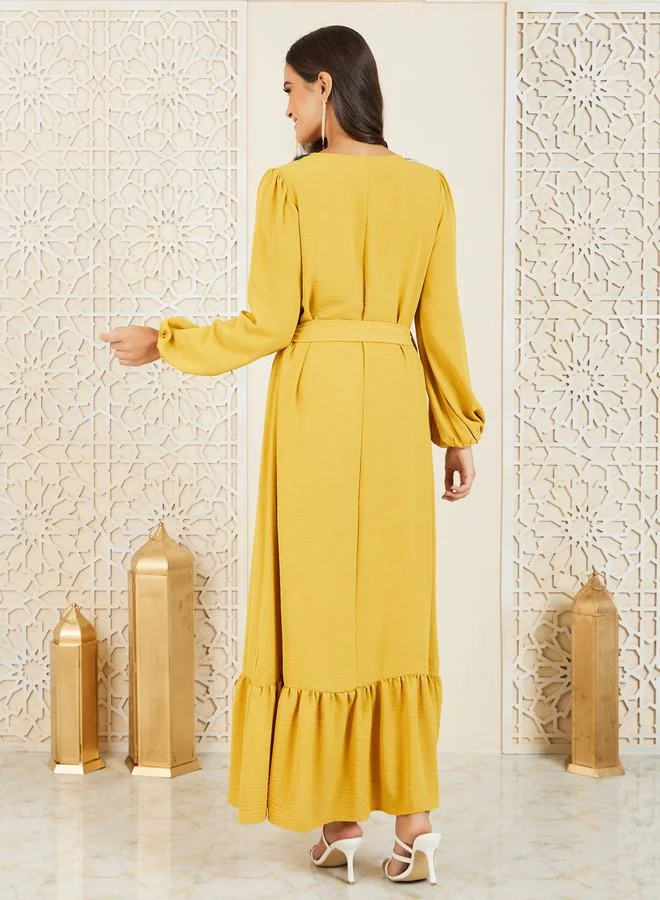 Styli Tassel Detail Neck A-Line Maxi Dress with Self Tie Up