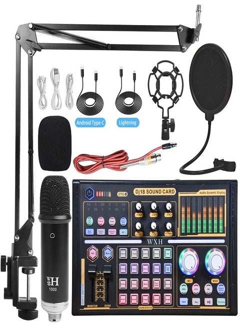 Live Sound Cards Condenser Microphone Set Streaming Audio Mixer with Microphone Stand/Suitable for Live Broadcast/Podcast/Youtube/PC/Smartphone
