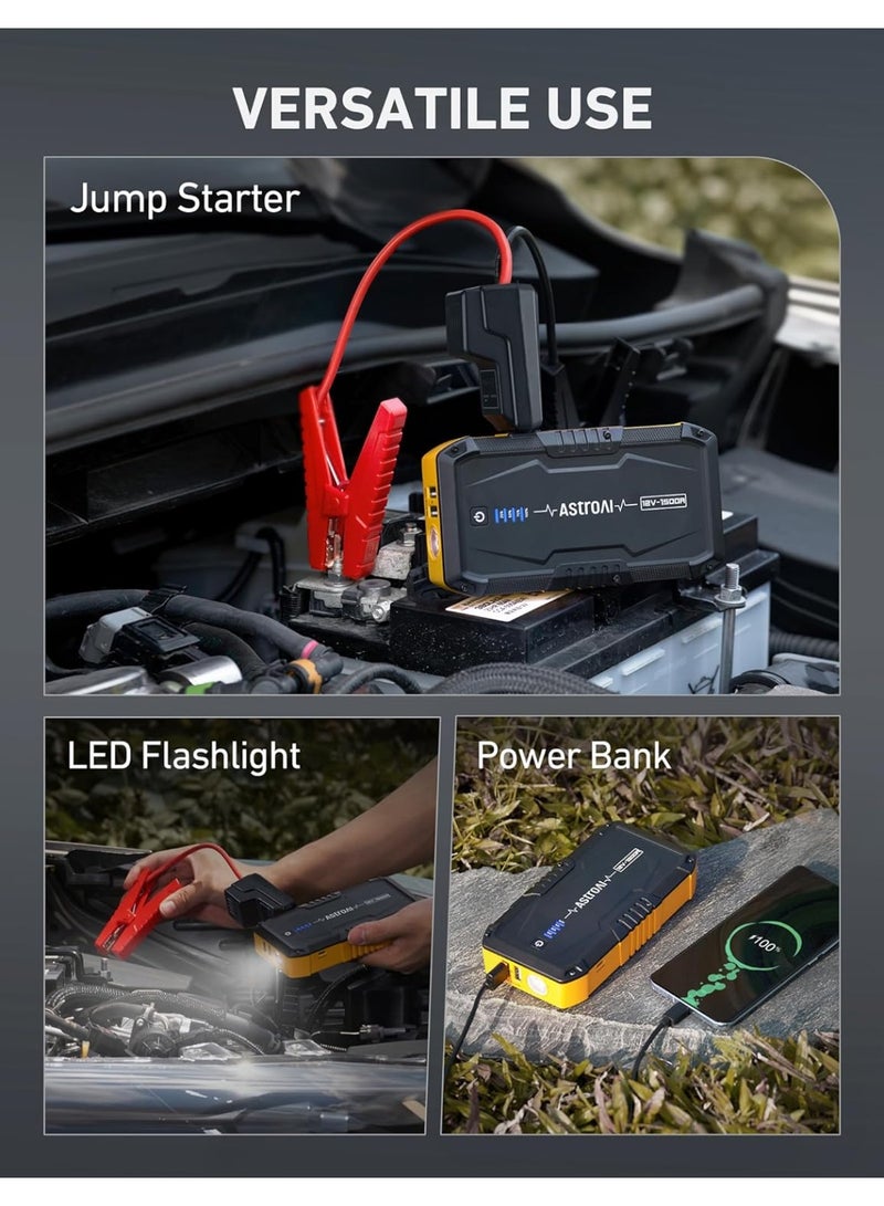 AstroAI AstroAI S8 Car Battery Jump Starter, 1500A Peak Car Jumper Starter Battery Pack for Up to 6.0L Gas & 3.0L Diesel Engines, 12V Portable Jump Box with 3 Modes Flashlight and Jumper Cable(Yellow)  - Image 4