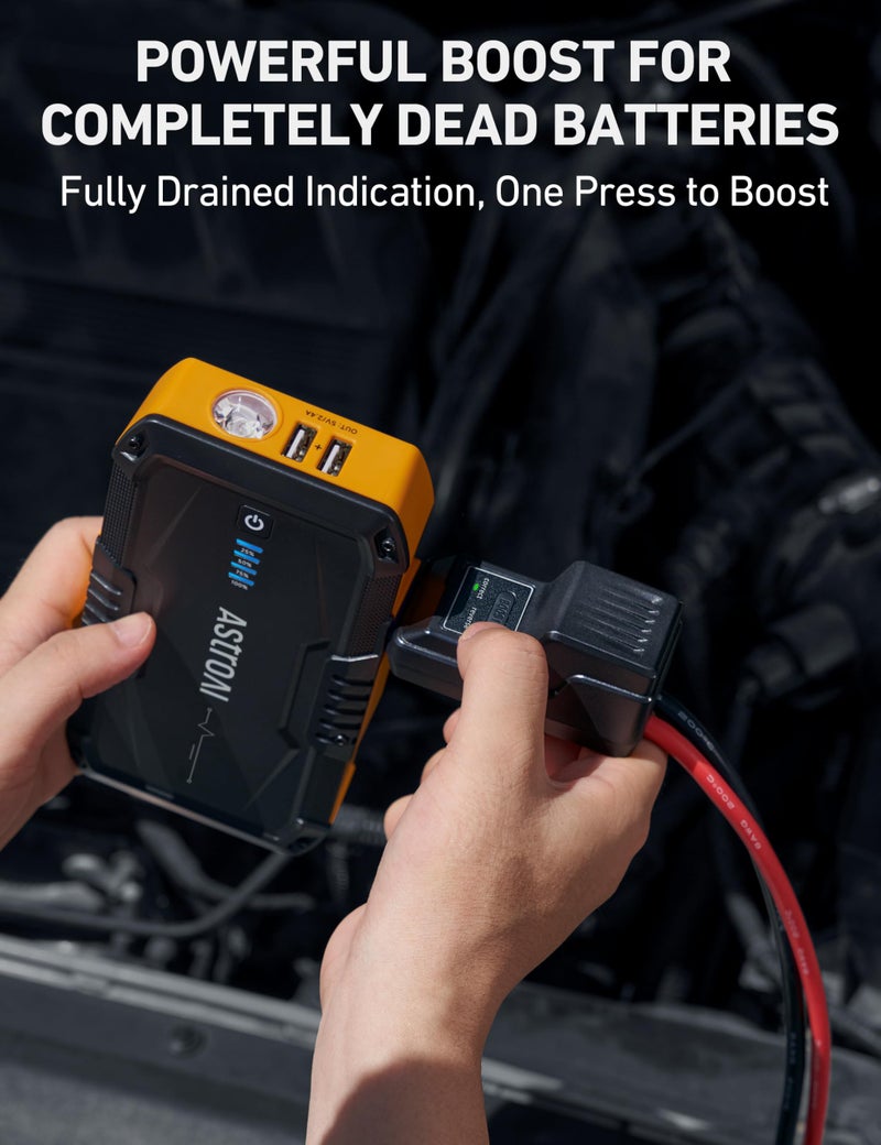 AstroAI S8 Car Battery Jump Starter, Car Jumper Starter Battery Pack for Up to 6.0L Gas & 3.0L Diesel Engines, 12V Portable Jump Box with 3 Modes Flashlight and Jumper Cable(Yellow) - Image 2