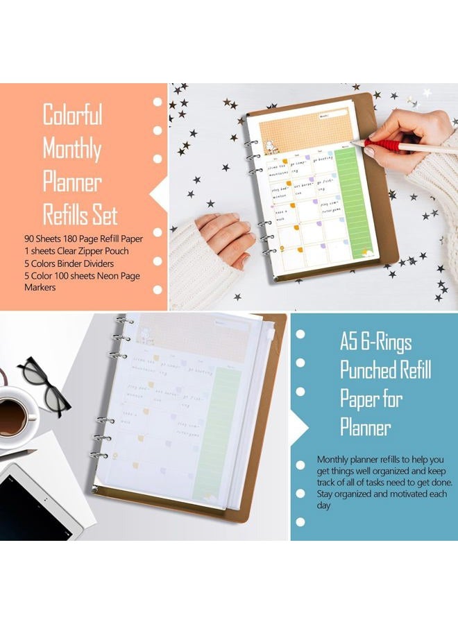 Rancco Junior Monthly Planner Refills Set, 180 Pages 8 Hole Punched Loose Leaf Paper Inserts w/Index Tabs, Index Dividers, Loose-Leaf Bag, Ruler For Circa, Arc, TUL, Happy Planner, Undated, 5.5x8.5" - Image 4