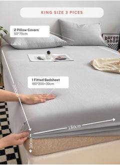 LUNA Home 3-Piece Set: king-size fitted bedsheet and two pillowcases, washable cotton in a light grey color.  - Image 2