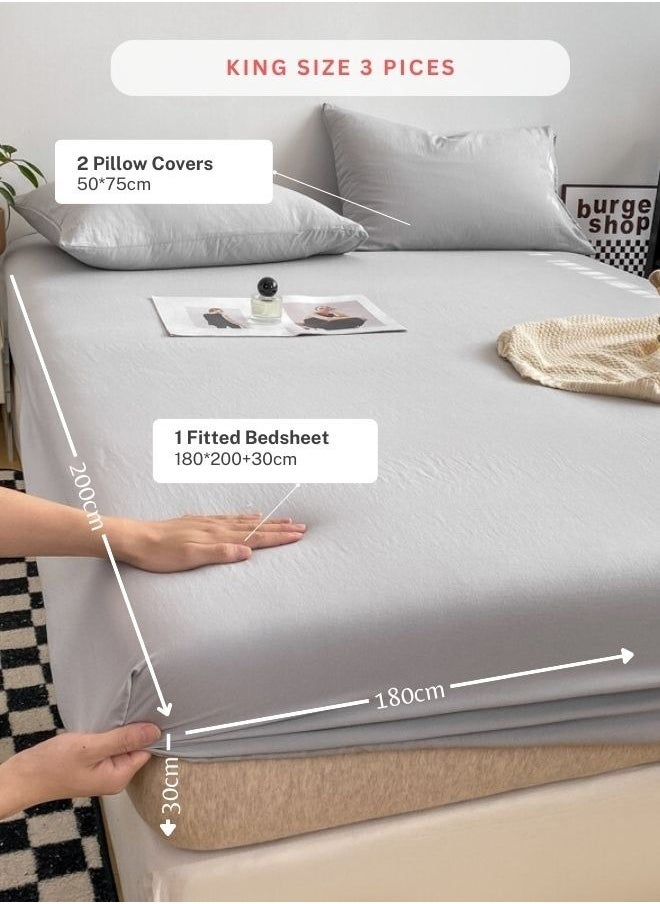 LUNA Home - 3-Piece Set: king-size fitted bedsheet and two pillowcases, washable cotton in a light grey color. - Image 1