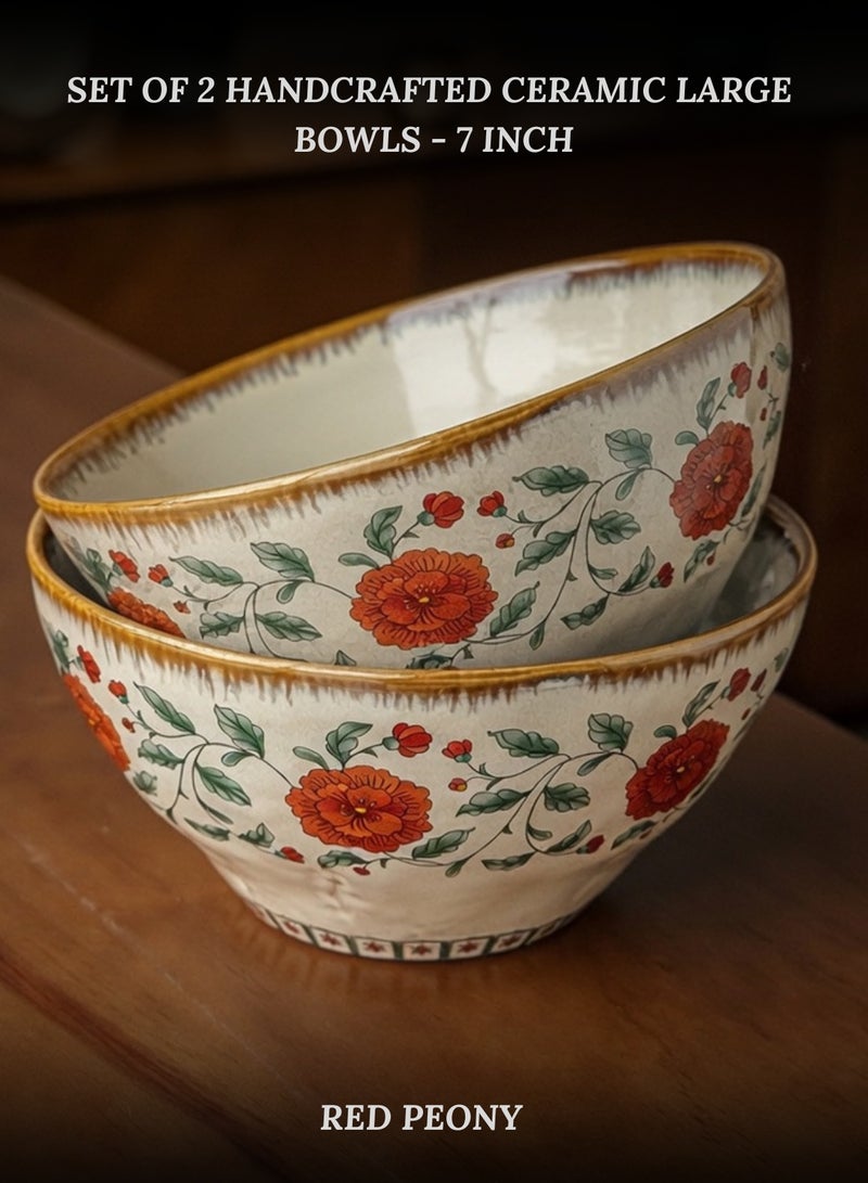 Set of 2 Handcrafted 1100ml Large Ceramic Bowls 7 inch - Red Peony Ruffled Bowl, Perfect Housewarming Gift, Artisan Stoneware Serving Plates, Ideal for Ramen, Soup, Pasta, Salad, Main Course & Modern Farmhouse Kitchen Tableware - Image 1