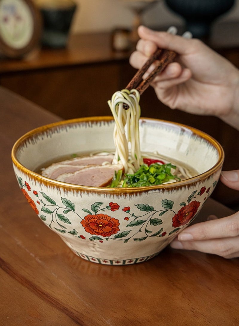 Set of 2 Handcrafted 1100ml Large Ceramic Bowls 7 inch - Red Peony Ruffled Bowl, Perfect Housewarming Gift, Artisan Stoneware Serving Plates, Ideal for Ramen, Soup, Pasta, Salad, Main Course & Modern Farmhouse Kitchen Tableware - Image 2