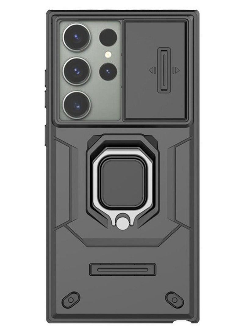 Samsung Galaxy S25 Ultra Case, Shockproof Case, Anti-Fall Drop Protection, Built-in Slide Anti-Scratch Camera Lens Cover, Integrated 360 Degree Rotating Ring Kickstand, Black - Image 1