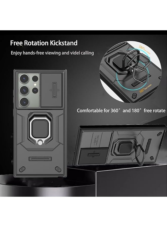 Samsung Galaxy S25 Ultra Case, Shockproof Case, Anti-Fall Drop Protection, Built-in Slide Anti-Scratch Camera Lens Cover, Integrated 360 Degree Rotating Ring Kickstand, Black - Image 2