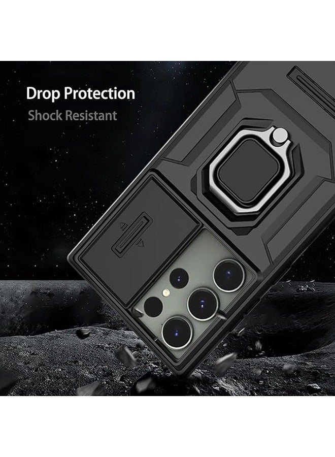 Samsung Galaxy S25 Ultra Case, Shockproof Case, Anti-Fall Drop Protection, Built-in Slide Anti-Scratch Camera Lens Cover, Integrated 360 Degree Rotating Ring Kickstand, Black - Image 5
