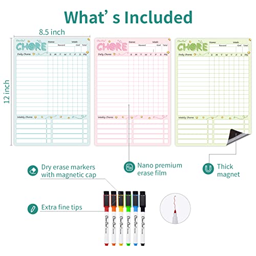 Clever Clean Magnetic Dry Erase Chore Chart - 8.5"x12" Behavior Responsibility Chore Board for Kids, Teenagers - 6 Extra Fine Point Markers Included - Shipped Flat 3 Pcs Blue Pink & Green - Image 2