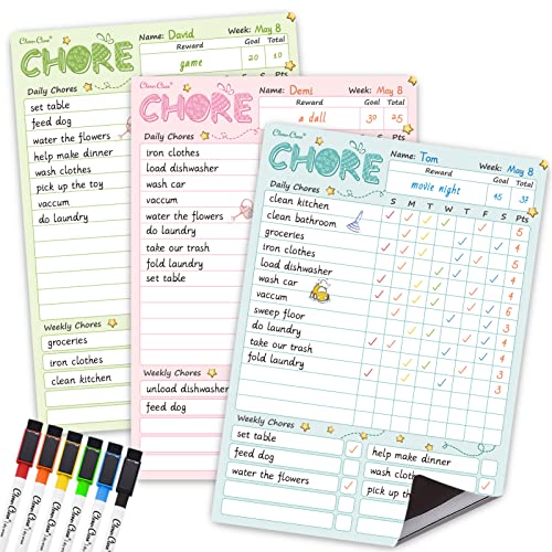 Clever Clean Magnetic Dry Erase Chore Chart - 8.5"x12" Behavior Responsibility Chore Board for Kids, Teenagers - 6 Extra Fine Point Markers Included - Shipped Flat 3 Pcs Blue Pink & Green - Image 1
