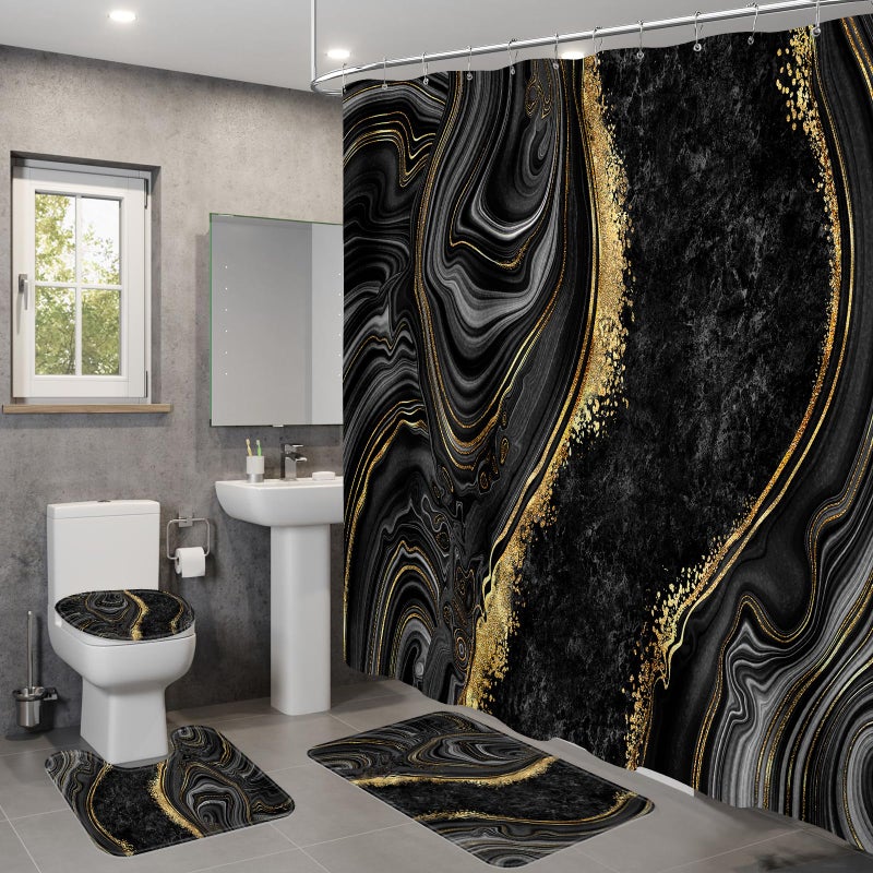 BayNook 4PCS Black Gold Marble Shower Curtain Sets with Rugs, Abstract Bathroom Sets with Shower Curtain and Rugs, Bathroom Curtains Shower Set with Toilet Lid Cover for Bathroom Decor - Image 3