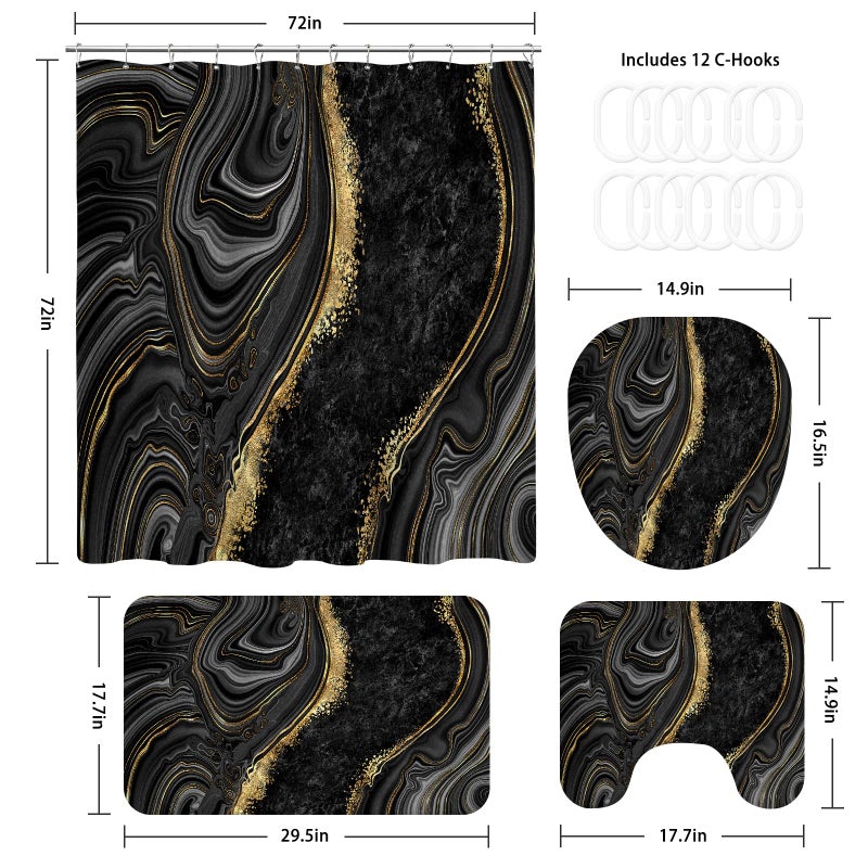 BayNook 4PCS Black Gold Marble Shower Curtain Sets with Rugs, Abstract Bathroom Sets with Shower Curtain and Rugs, Bathroom Curtains Shower Set with Toilet Lid Cover for Bathroom Decor - Image 2