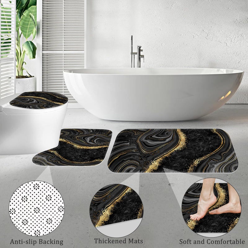BayNook 4PCS Black Gold Marble Shower Curtain Sets with Rugs, Abstract Bathroom Sets with Shower Curtain and Rugs, Bathroom Curtains Shower Set with Toilet Lid Cover for Bathroom Decor - Image 5