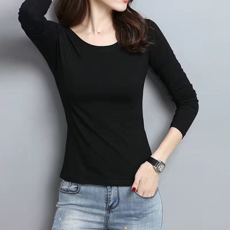 Korean Slim Fit Long-Sleeve T-Shirt for Women Female long sleeve "black round neck]