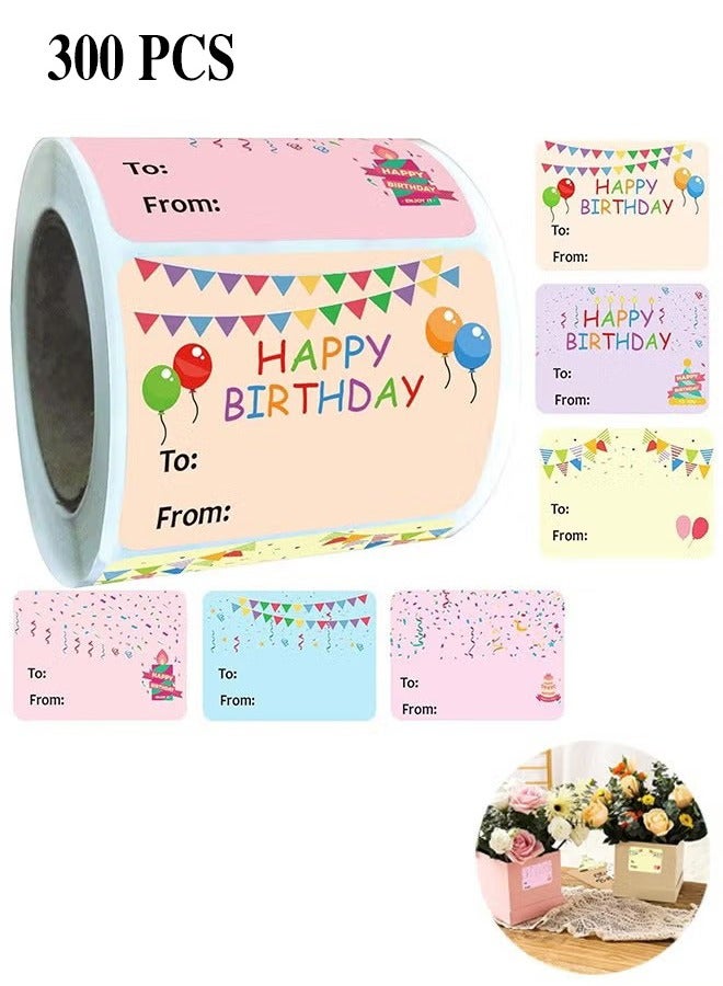 OMEVE 300 Pcs Happy Birthday Gift Tags, 6 Designs Rectangle Present Stickers, Holiday Decorative Presents - Image 1