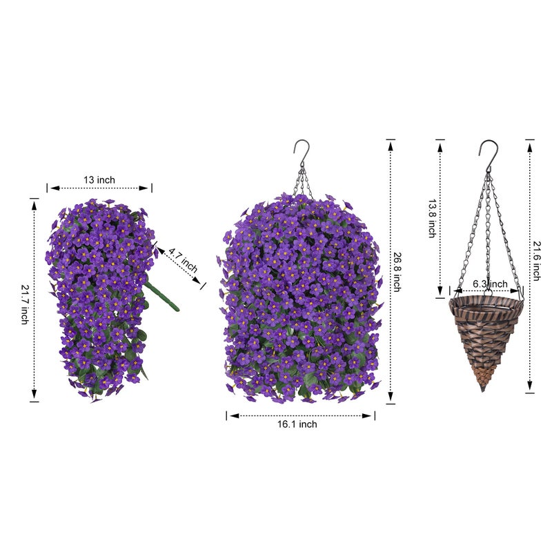 HyeFlora Artificial Fake Outdoor Hanging Flowers Plants Basket for Outside Porch Decoration, Fake Silk Purple Daisy Flower UV Resistant Look Real Orchid Traing Vines for Home Balcony Yard Patio Garden Decor - Image 2