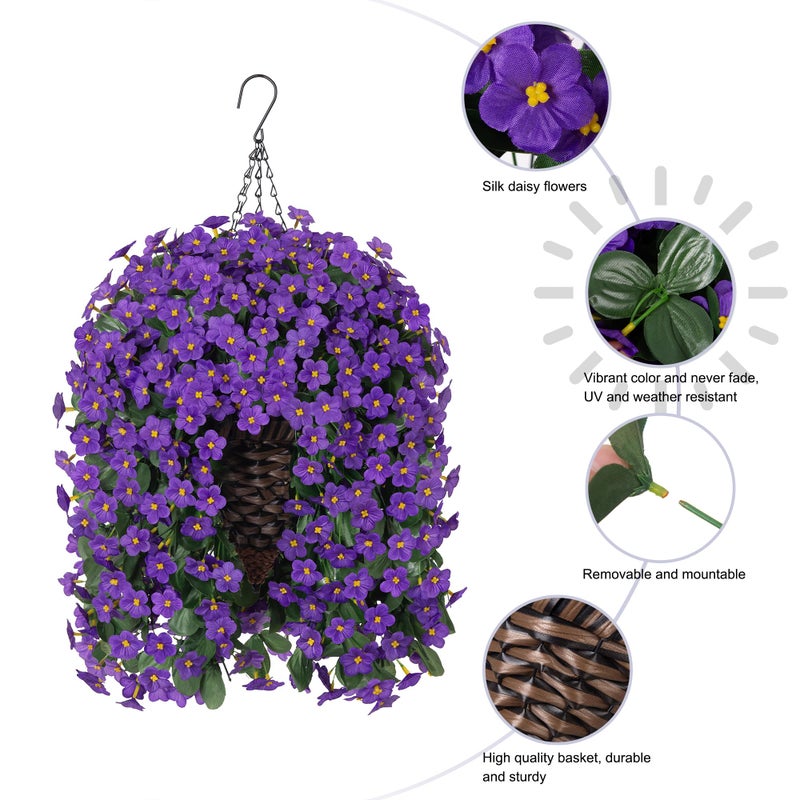 HyeFlora Artificial Fake Outdoor Hanging Flowers Plants Basket for Outside Porch Decoration, Fake Silk Purple Daisy Flower UV Resistant Look Real Orchid Traing Vines for Home Balcony Yard Patio Garden Decor - Image 3
